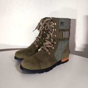 SOREL Major Carly Olive Green Suede Canvas Lace Up Combat Boots Women's Size 6.5